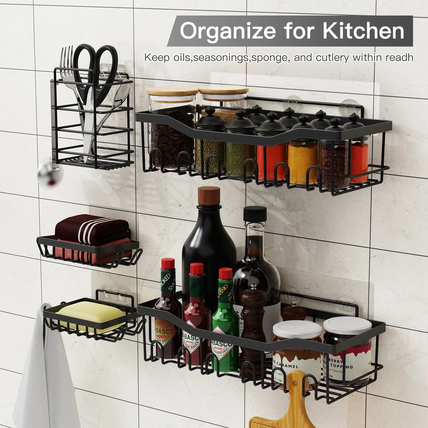 6pcs Stainless Steel Bathroom Organization/Storage Racks, Kitchen Shelves, No Drill Wall Mounted