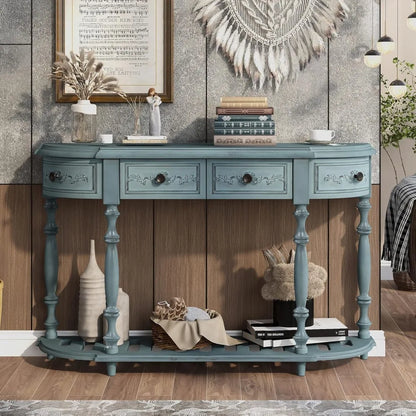 Retro Circular Curved Console Table with 4 Drawers and Bottom Shelf