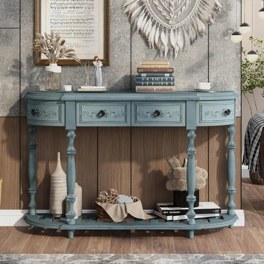 Retro Circular Curved Console Table with 4 Drawers and Bottom Shelf