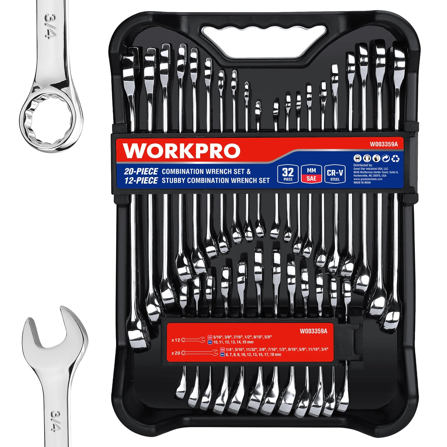 32-Piece SAE & Metric Combination Wrench Set, 20-Piece Standard wrenches and 12-Piece Stubby Wrenches with Organizer Tray