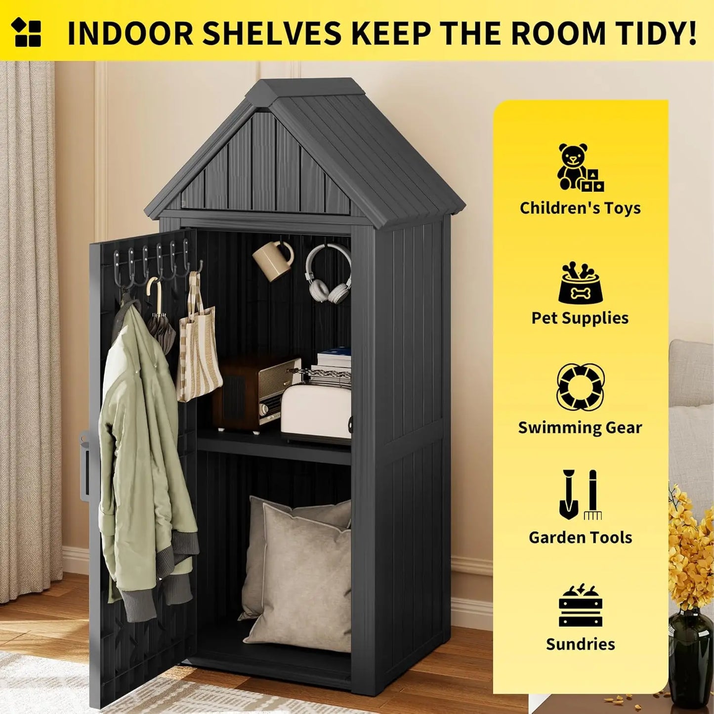Outdoor Resin Storage Shed, Durable Cabinet with Removable Shelves and Lock Ring