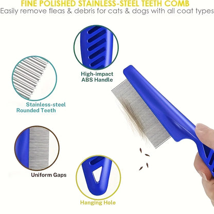 Pack of 4 Flea and Lice Combs, Stainless Steel, Rabbit, Dog, Cat Grooming Comb with Rounded Edges, Double-sided