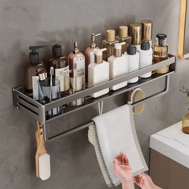 Shower Corner Shelf Without Drilling, Aluminum Bathroom Shelf with Towel Bar, Shampoo Holder, Bathroom Accessories, 3 sizes