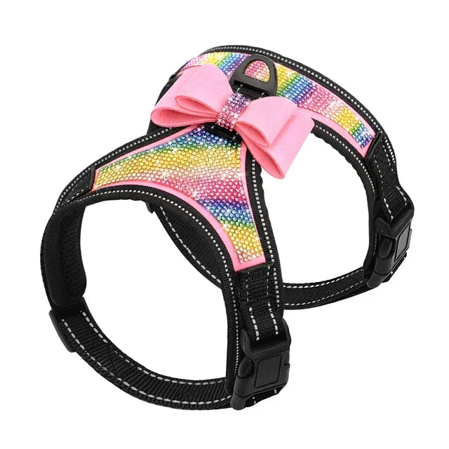 Reflective Dog Harness, Nylon Dog Harness/Vest, Bling, Rhinestone, with a Bow