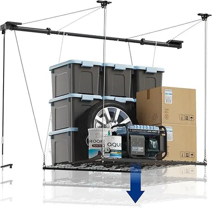 Overhead Garage Storage Rack Lift, 4x4 Ft Heavy-Duty Garage Ceiling Storage Racks, Adjustable Organization System