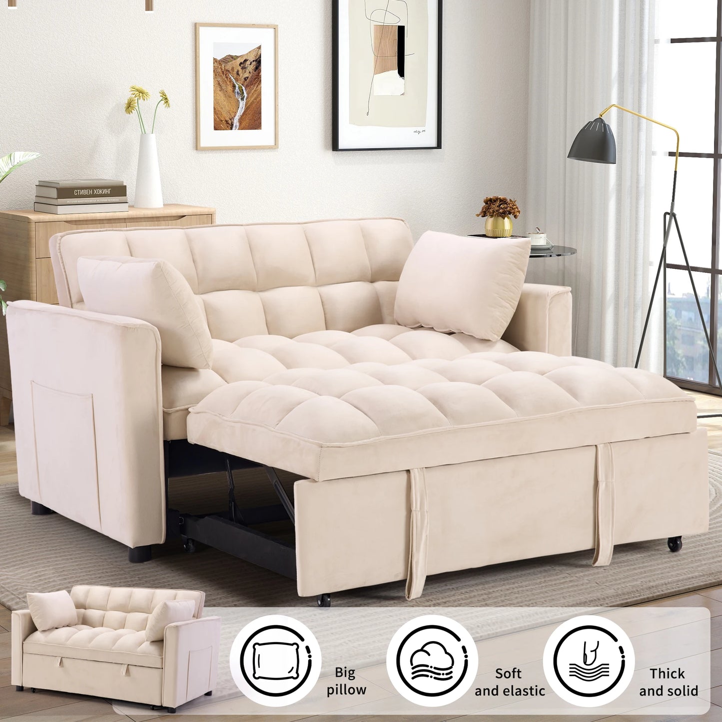 3-In-1 Multifunctional Modern Sofa Bed, Comfortable Double Sofa With Pillows, 5 Colors Choices