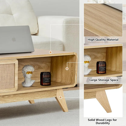 Modern Coffee Table with Sliding Linen Door Panel And Storage