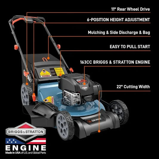 22-Inch Self Propelled Gas Lawn Mower with 163 cc 4-Cycle Engine, 3-in-1 Rear Wheel Drive, Variable Speed Lawnmower