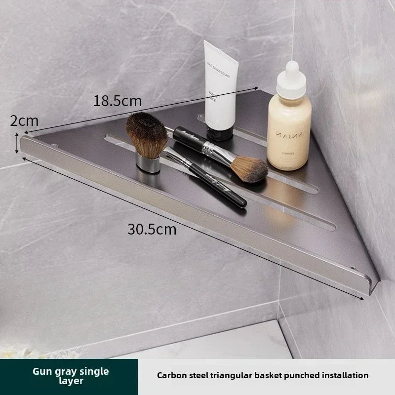 Bathroom Stainless Triangle Drain Shelf, No Drilling Wall Mounted, Carbon Steel Shelf, 3 color choices, 2 variations: with Hooks and towel bar and without