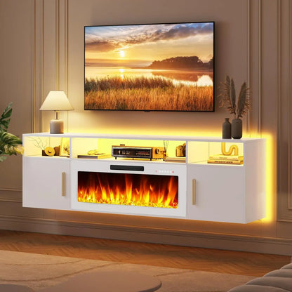 Floating Fireplace TV Stand 70'' ,  with LED Lights and Remote