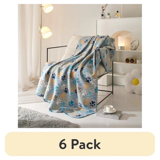 6 Pack Cozy Fleece Throw Blanket -Paw Print, 50 x 60 Inches,  Soft Polyester Machine Washable, Reversible