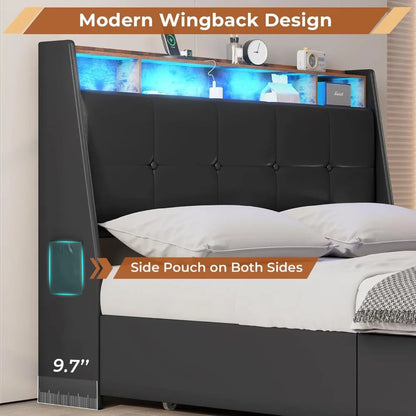 Full Black Platform Bed with Storage, LED Lights, USB Ports, 4 Drawers, Upholstered Headboard - Modern Style, No Box Spring
