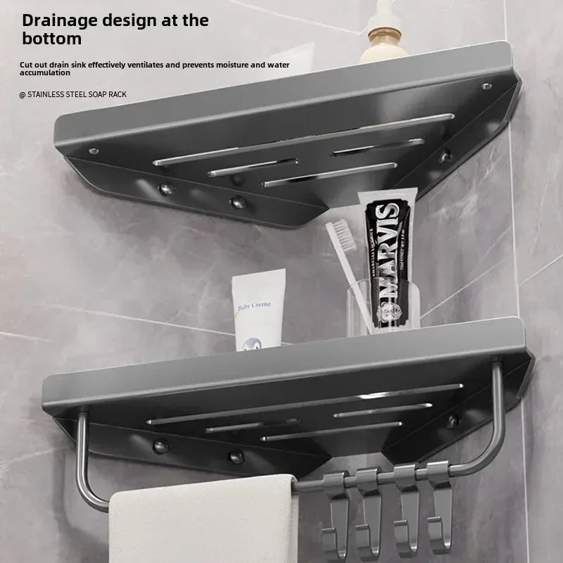 Bathroom Stainless Triangle Drain Shelf, No Drilling Wall Mounted, Carbon Steel Shelf, 3 color choices, 2 variations: with Hooks and towel bar and without