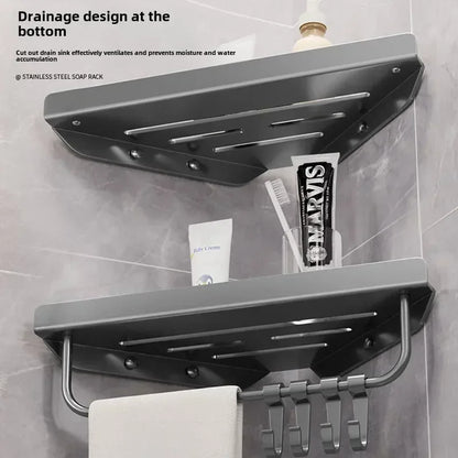 Bathroom Stainless Triangle Drain Shelf, No Drilling Wall Mounted, Carbon Steel Shelf, 3 color choices, 2 variations: with Hooks and towel bar and without