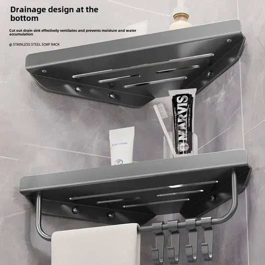 Bathroom Stainless Triangle Drain Shelf, No Drilling Wall Mounted, Carbon Steel Shelf, 3 color choices, 2 variations: with Hooks and towel bar and without