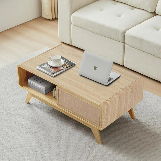 Modern Coffee Table with Sliding Linen Door Panel And Storage