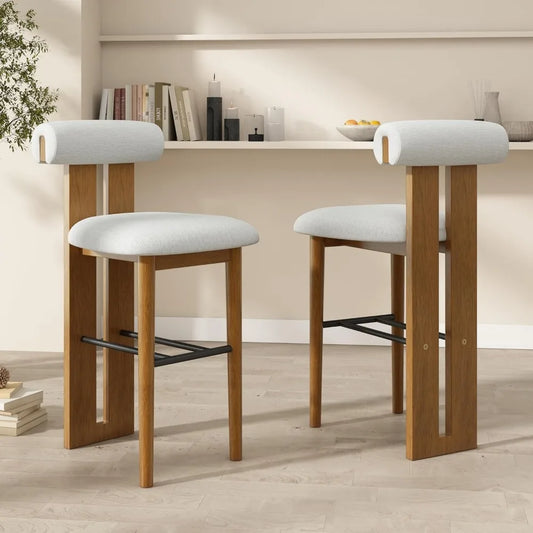 Set of 2 Wood Upholstered Barstools with Cloud-Top Backrest
