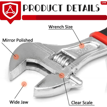 6 Inch Adjustable Wrench with Ergonomic Rubber Grip, Spanner Handle