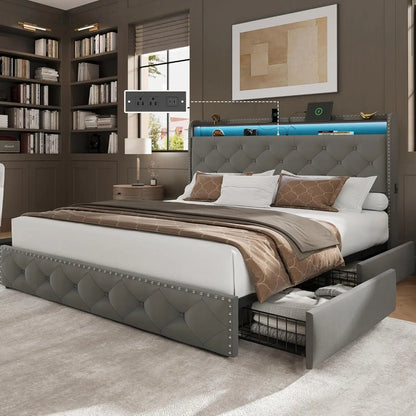 King Size Bed Frame: 4-Drawer, Velvet Platform with LED Lights & USB-C Charging - Tufted Upholstered Headboard