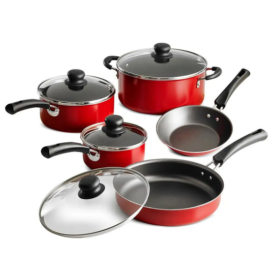 9-Piece Non-Stick Cookware Set with Tempered Glass Lids, Red