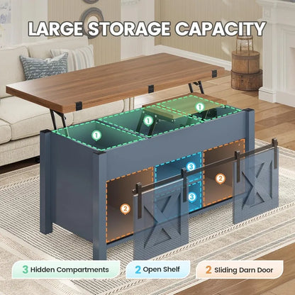 Farmhouse Lift Top Coffee Table, Blue with Woodgrain Top, and Storage