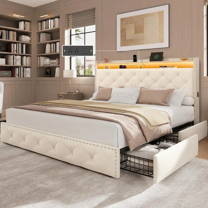 King Size Bed Frame: 4-Drawer, Velvet Platform with LED Lights & USB-C Charging - Tufted Upholstered Headboard