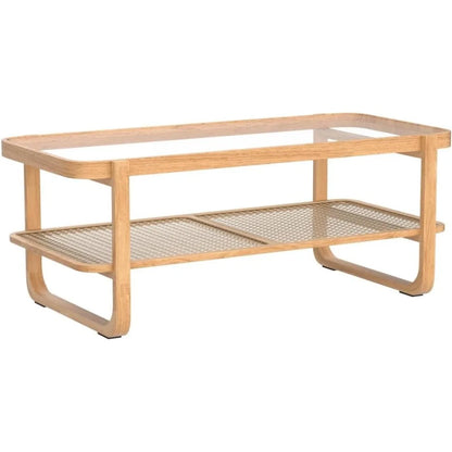 Rattan Coffee Table with Tempered Glass Top, Storage Shelf