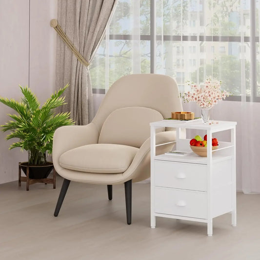 Nightstand Set of 2, or End Tables with 2 Fabric Drawers, and 2 Hooks. 2 Open Wood Shelves for Bedroom or Living room