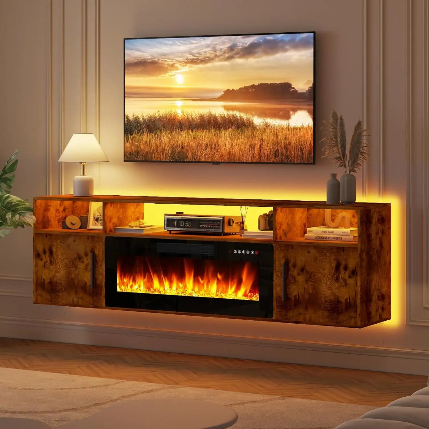 Floating Fireplace TV Stand 70'' ,  with LED Lights and Remote