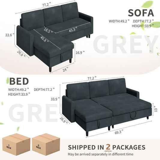 Sectional Sofa Bed -L Shaped Sleeper Sofa Bed with Storage, Reversible Sectional, 5 Color Choices