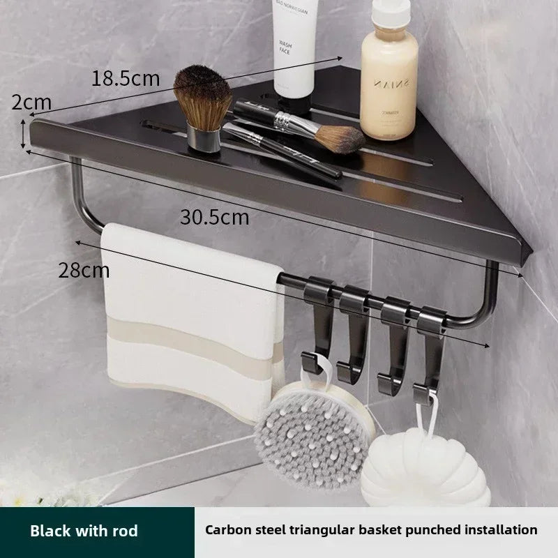 Bathroom Stainless Triangle Drain Shelf, No Drilling Wall Mounted, Carbon Steel Shelf, 3 color choices, 2 variations: with Hooks and towel bar and without