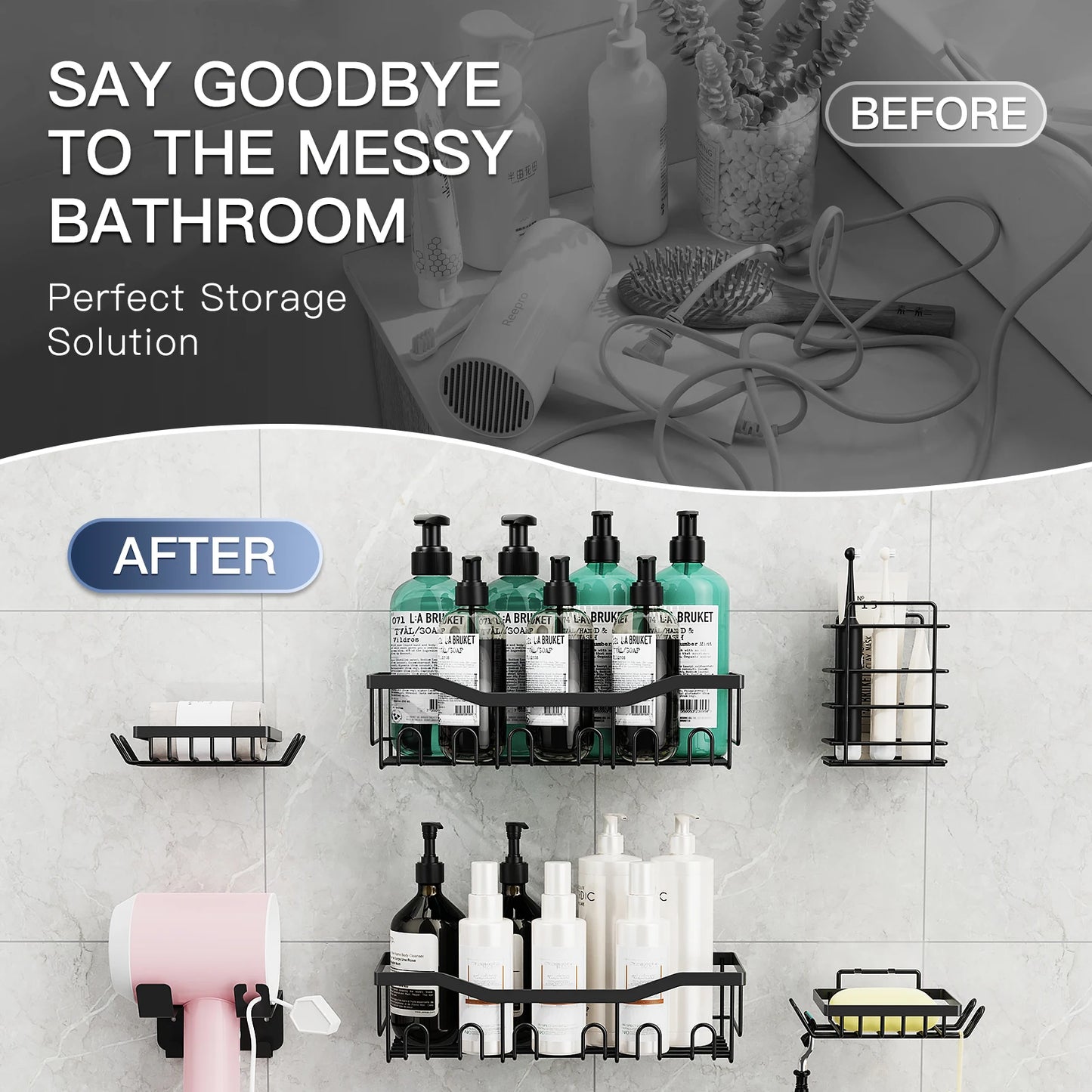 6pcs Stainless Steel Bathroom Organization/Storage Racks, Kitchen Shelves, No Drill Wall Mounted