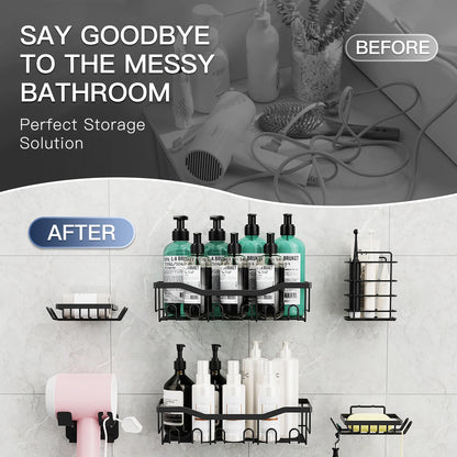 6pcs Stainless Steel Bathroom Organization/Storage Racks, Kitchen Shelves, No Drill Wall Mounted