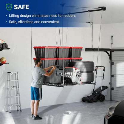 Overhead Garage Storage Rack Lift, 4x4 Ft Heavy-Duty Garage Ceiling Storage Racks, Adjustable Organization System