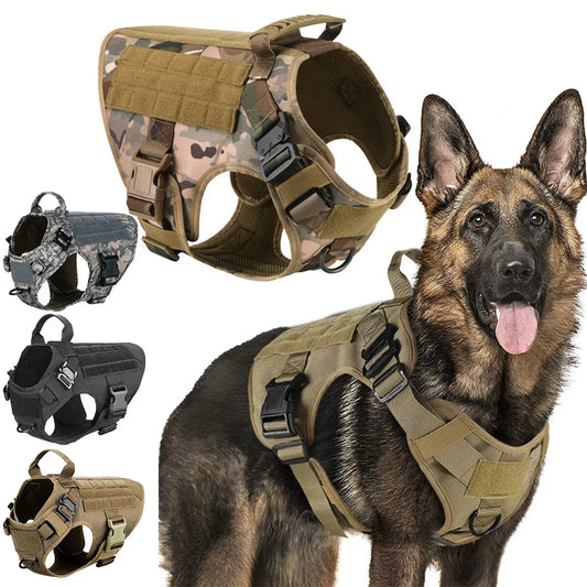 Military Style Big Dog Harness, German Shepherd, K9 Malinois Training Vest, Tactical Dog Harness and Leash Set For Dogs, 4 Sizes, 2 Colors
