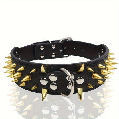 Cool Golden Sharp Spikes Studded Pet Dog Collar Fashion Leather Dog Collar For Medium And Large Dogs
