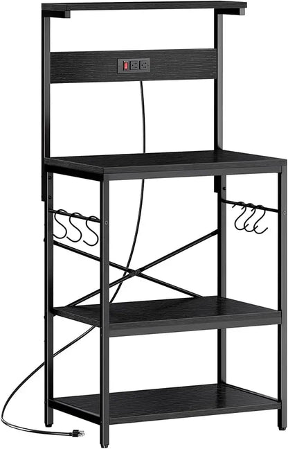 Kitchen Bakers Rack with Power Outlet, 4 Tier and 6 S-shaped Hooks.  Shelves are adjustable.  5 Colors