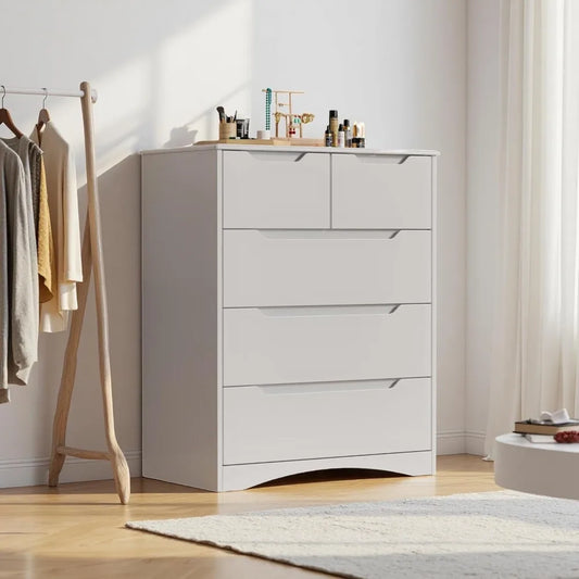 5 Drawer Chest, White Dresser for Bedroom with Large Storage Capacity,  with Embedded Handle, Anti-Tip