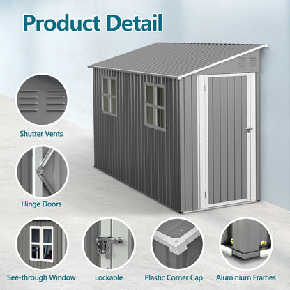 4x10 FT Galvanized Steel Outdoor Shed – Weatherproof, Lockable Storage w/Sloping Roof, Windows