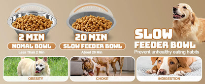Adjustable Elevated Dog Bowls Stand with 2 Stainless Steel Bowls, and a Slow Feeder Bowl, Non Slip Feet, Dishwasher Safe for Medium/Large Dogs, White, Black or Gray