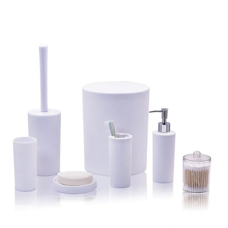 7pcs/set Modern Plastic Bathroom Accessories Set ,with Soap Dish, Toothbrush Holder, Dispenser, Toilet Brush, Trash can, Q-tip holder, Cup