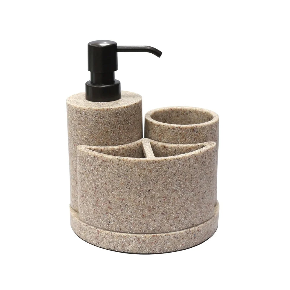 3 Piece Sandstone Bath Accessory Set, Soap Pump, Toothbrush Holder, Tumbler, Durable Resin Bathroom Organizer
