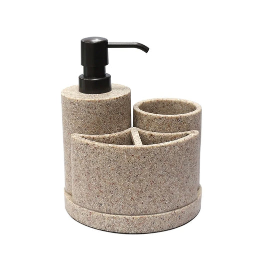 3 Piece Sandstone Bath Accessory Set, Soap Pump, Toothbrush Holder, Tumbler, Durable Resin Bathroom Organizer