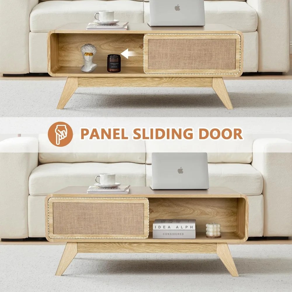 Modern Coffee Table with Sliding Linen Door Panel And Storage