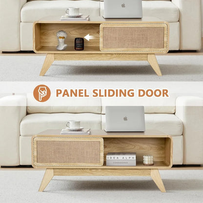 Modern Coffee Table with Sliding Linen Door Panel And Storage