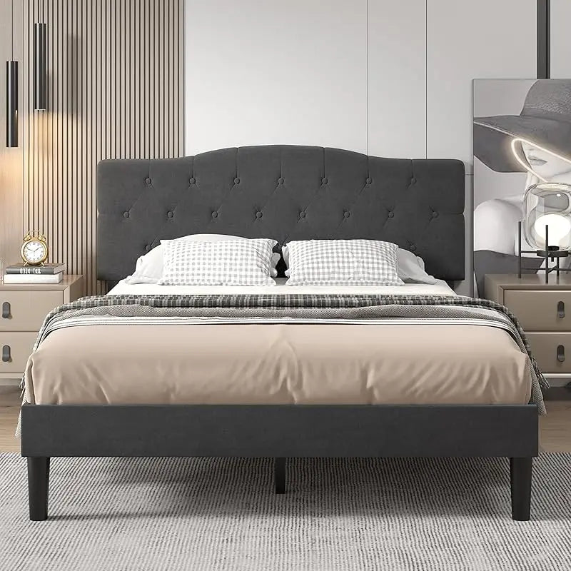 Queen, Full or Twin  Size Platform Bed Frame with Fabric Upholstered Headboard and Wooden Slats Support, No Box Spring Needed/Assembly,