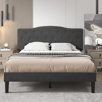 Queen, Full or Twin  Size Platform Bed Frame with Fabric Upholstered Headboard and Wooden Slats Support, No Box Spring Needed/Assembly,