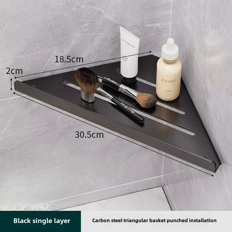 Bathroom Stainless Triangle Drain Shelf, No Drilling Wall Mounted, Carbon Steel Shelf, 3 color choices, 2 variations: with Hooks and towel bar and without