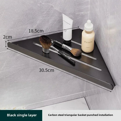 Bathroom Stainless Triangle Drain Shelf, No Drilling Wall Mounted, Carbon Steel Shelf, 3 color choices, 2 variations: with Hooks and towel bar and without