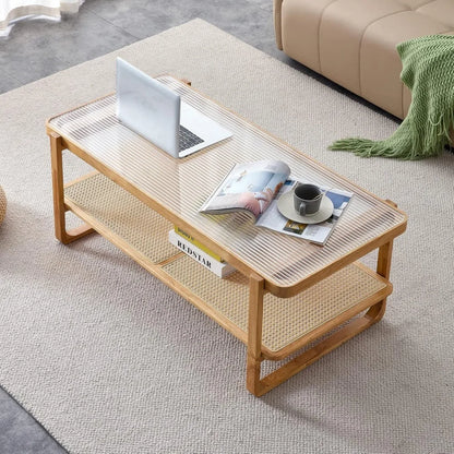 Rattan Coffee Table with Tempered Glass Top, Storage Shelf